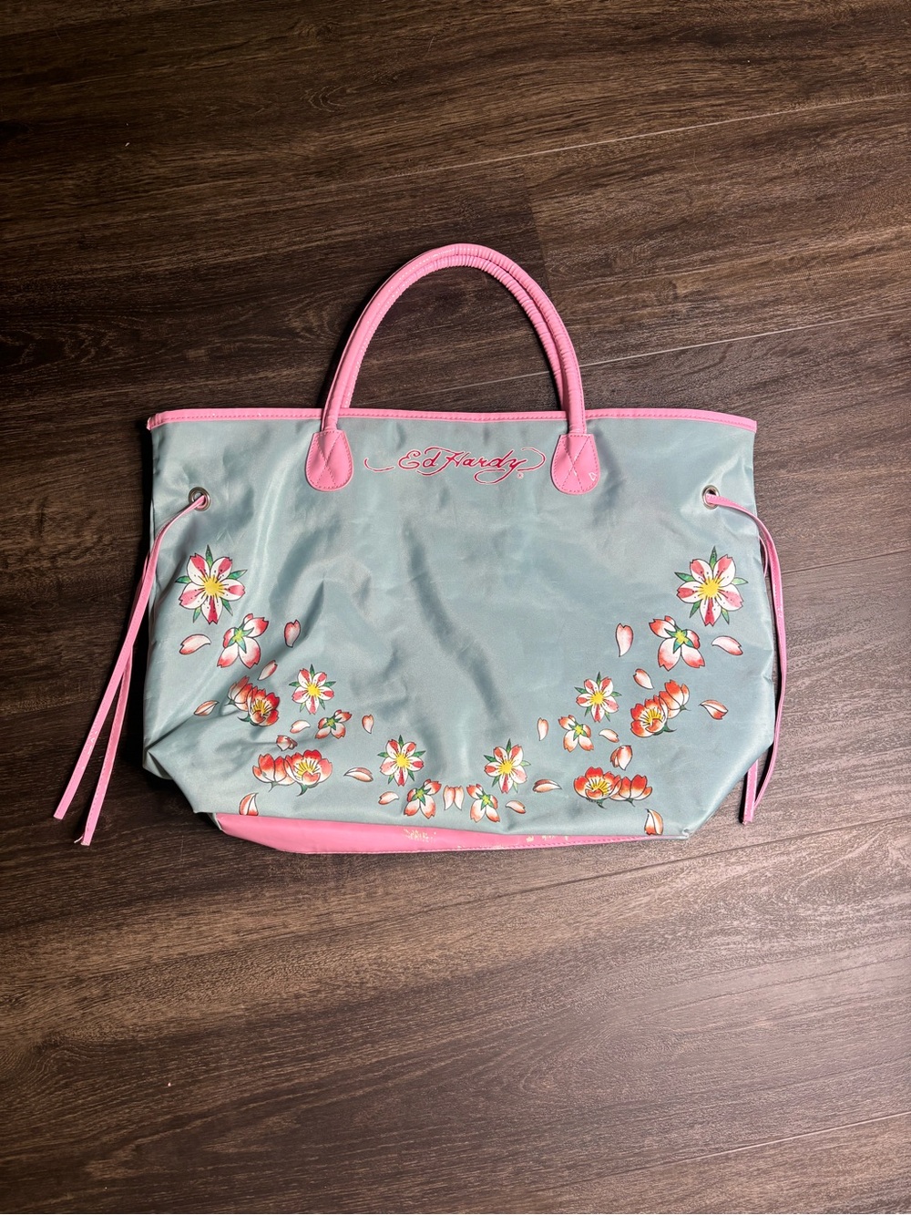 Ed Hardy Floral Tote Bag Pink Teal Tattoo Y2K Style Coquette Beach Bag